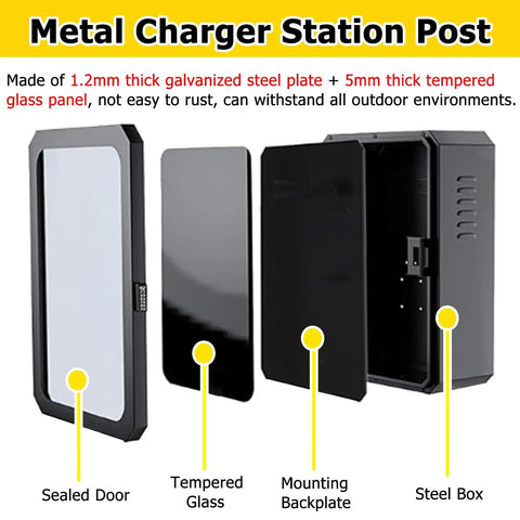 Kickass Heavy Duty EV Charger Pedestal Built Like A Tank All Weather Electric Vehicle Charging Station For Garage Parking Lot Durable Floor Mount With Rustproof Galvanized Steel Body, showing sealed door and black tempered glass.