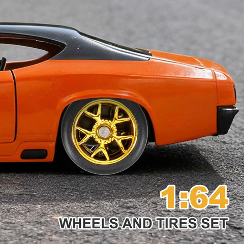 Close-up of 1/64 scale orange diecast car with gold 5 spoke rims from Two Pack 1 By 64 Scale Wheels And Tires With Real Riders Rims.