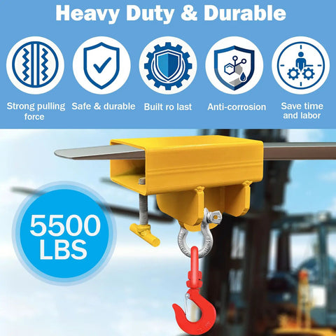 Heavy Duty Forklift Lifting Hook Attachment With 5500 Lbs Capacity, showing yellow steel attachment with red swivel hook.