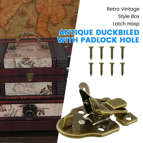 Old School Bronze Toggle Latch With Padlock Hole for jewelry boxes shown with decorative box and screws
