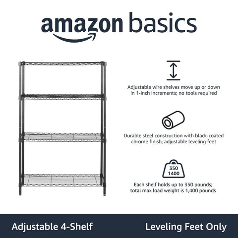 Built Tough Four Tier Steel Wire Rack Storage Shelving with Heavy Duty 350 Pounds Per Shelf Capacity and No Sweat Setup for Garage Organizing and Workshop Gear Storage.