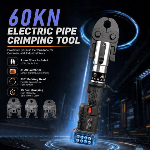 Upgraded 21V Brushless Electric Pipe Crimping Tool With 60K Newton Heavy Duty Press Force, featuring 3 jaw sizes and 350 degree rotating head.