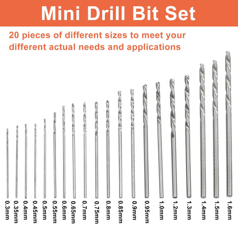 Mini Drill Bit Set 0.3mm To 1.6mm, 20-Piece HSS Micro Twist Drill Bits For Precision DIY Projects displayed in a line