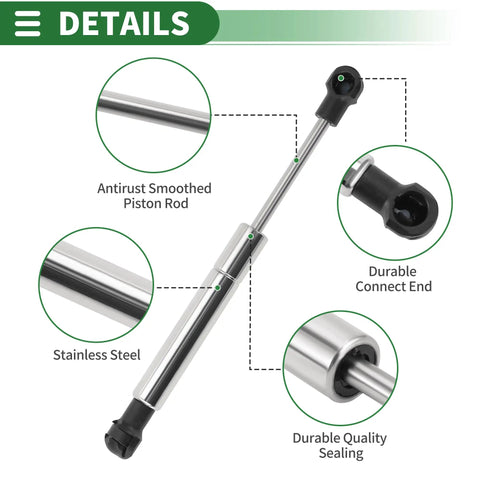 Stainless Steel Gas Spring Lift Support Struts With 20 Lb Force And Plastic Ends Marine Boat Hatch Car Hood Rv Window Storage Box Cover Heavy Duty Construction Built Like A Tank For Smooth Swing Open Action Pair Of Two showing detailed view of a gas strut.