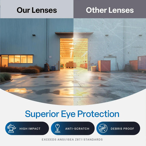 Lightweight Anti Fog Safety Glasses With Scratch Resistant Lenses And UV Protection For Outdoor Adventures displaying lens clarity comparison.
