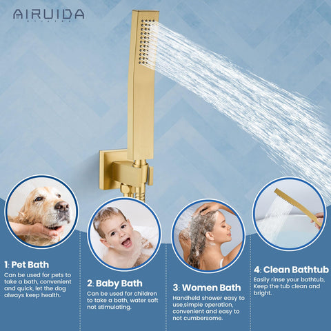 Brushed Nickel Ceiling Mount Rainfall Shower Head System With 10 Inch Square Head, Brass handheld shower showing various uses