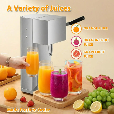 Hand Press Juicer With Fruit Cup Design Lever Extractor For Fresh Juice On Demand Eco Friendly Shop Ready Commercial Juicer With Sturdy Frame Compact Short Component And Long Extractor For Juice Shops, stainless steel, with assorted juices