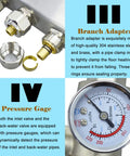 Radiant Floor Heating Manifold Kit With Four Loops Half Inch PEX Tubing Stainless Steel Demagnetized 304 Body Hydronic System With Flow Meters Easy Install Underfloor Heating Setup with pressure gauge and brass branch adapter.