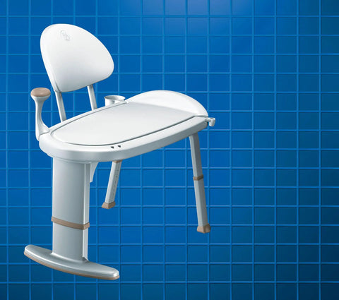 Tub Transfer Bench Shower Chair for Elderly and Disabled with Non Slip Surface and Adjustable Height in Blue Tiled Setting