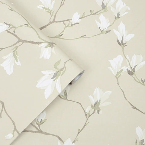 Magnolia Grove Natural Wallpaper with Easy Paste The Wall Application, featuring white and beige blossoms on cream background.