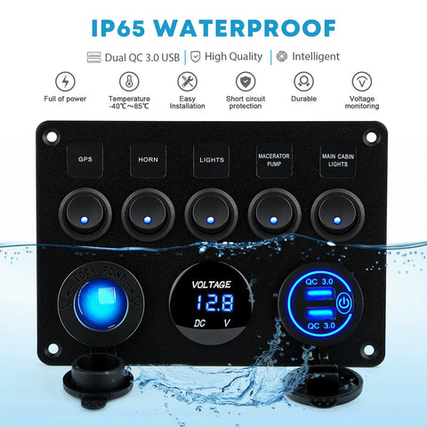 5 Gang 12V Marine Rocker Switch Panel With Waterproof Build, USB Touch Switch And Dual QC3 USB Ports For Boats, Power Saver Toggle, Blue LED Indicator, black panel with voltmeter
