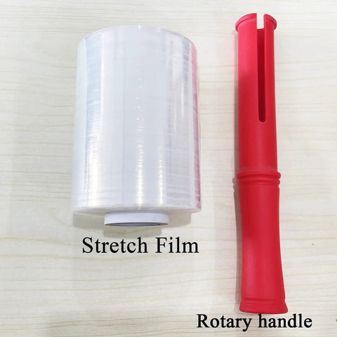 Pro Level Clear Industrial Stretch Wrap, Tough As Nails 80 Gauge Self Adhering Pallet Film For A Tight Lockdown Fit During Moving Or Long Term Storage, 5 Inch Rolls 1000 Feet, Four Pack With Snug Carry Handle with red rotary handle.