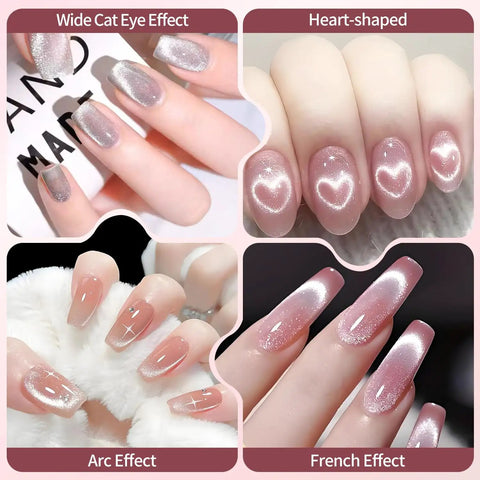 4-Piece Cat Eye Nail Magnet Set Silver Dual-Ended Magnetic Nail Tools With Round Bead And Heart Magnets Plus Black Magnetic Bead Pickup Pen For Cat Eye Gel Polish DIY Nail Art