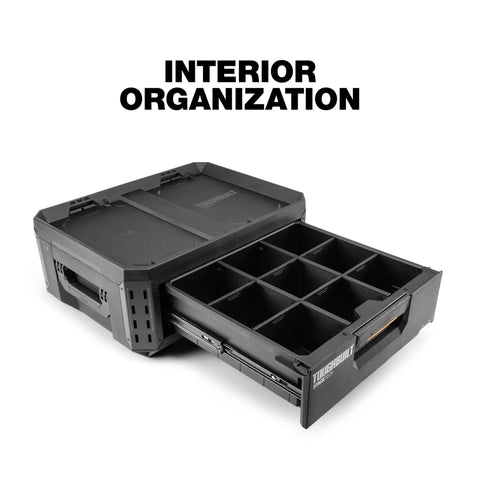 StackTech 1 Drawer Tool Box With Auto Latching Drawers, 50 lb capacity showing 8 dividers for organized storage