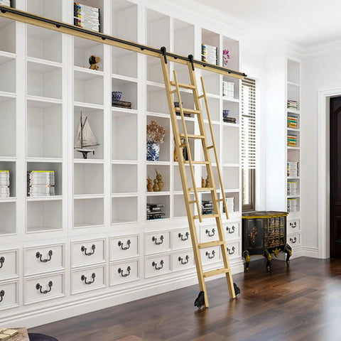 Adjustable Sliding Library Ladder Hardware Kit For Home Loft Garage Rail System Black Steel Heavy Duty Track No Fuss Install Easy Installation Modern Look Supports 220 Lb Stairs Durable Carbon Steel Finish mounted on bookshelf