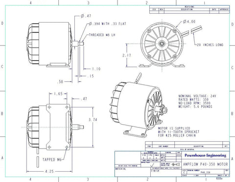 Compact Pancake Brushed DC Motor 350W 12V 24V Or 36V Systems, 3500 RPM, 4 Inch Diameter By 4.3 Inch Length engineering blueprint