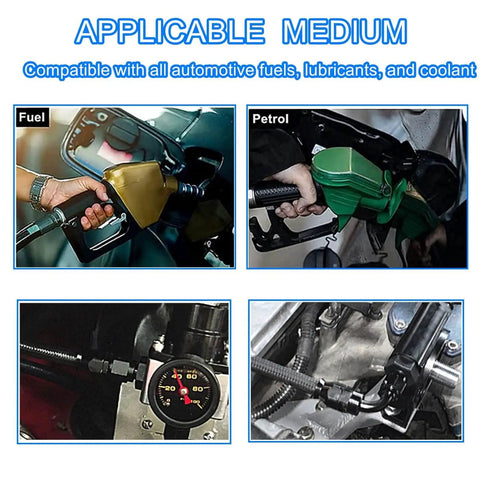 Collage showing fuel nozzles and transmission components, related to Beefed-Up 6AN PTFE Transmission Cooler Lines Kit For 4L60, 700R4, TH350, TH400, CBC350, 3L80, 7ft Nylon And Stainless Steel Braided Hoses With Fittings, Two Pack.