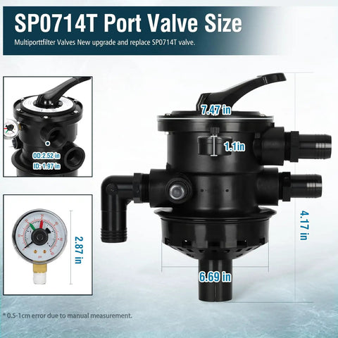 Rock Solid Top Mount Multiport Valve Direct Swap For Swimming Pool Filters Delivers Smooth Seven Position Dial Operation and Hassle Free Backwash Rinse Upkeep Year Round, showing valve dimensions.