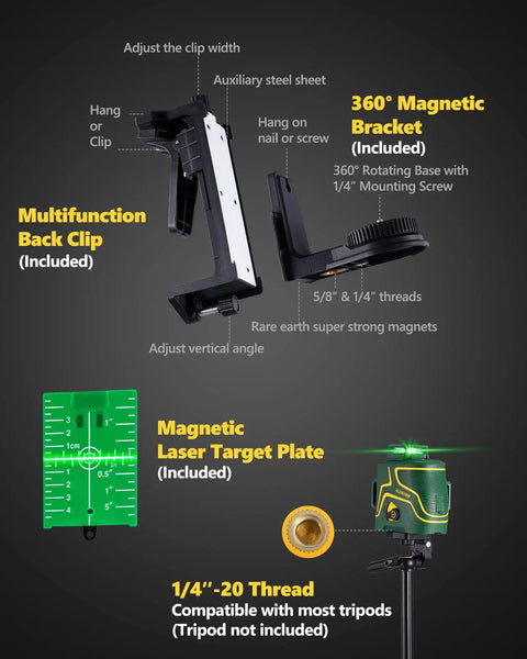 Three-Plane 3D Laser Level Kit With 3x360 Self-Leveling Green Cross Lines 196ft Outdoor Pulse Mode 5200mAh shown with accessories.