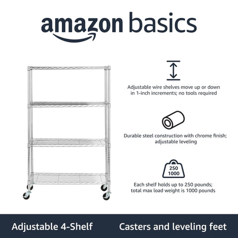 Heavy Duty Four Shelf Wire Storage Rack With Smooth Roll Casters And Super Easy Assembly For Garage Or Basement Gear Holds A Whole Ton Of Tools Plus Outdoor Toys In Durable Chrome Steel 36 By 14 By 58 with adjustable wire shelves and casters.