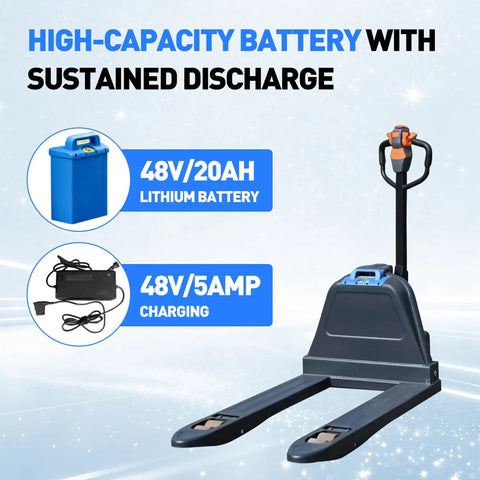 Two Pack Heavy Duty Electric Pallet Jack With 4400 Lbs Capacity Motorized Forklift Truck For Warehouse Work, Features lithium battery and charging unit.