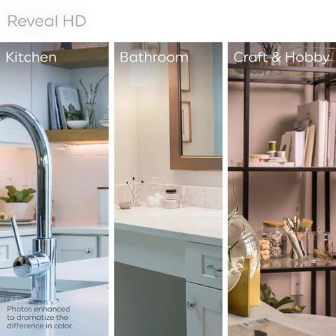 Modern kitchen, bathroom, and hobby room setups with bright lighting and organized shelves highlighting Reveal HD bulbs.
