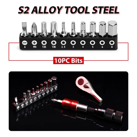 Bike Repair Tool Kit With 10 Magnetic Bits For MTB And Road Bikes, Alloy Multitool With Ratchet Wrench And Interchangeable Hex Phillips Torx Bits