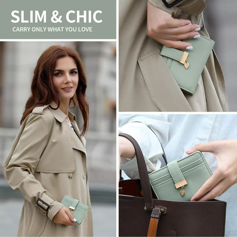 Woman holding Ultra Slim Women Wallet With RFID Blocking Bifold Soft Leather Card Holder with ID window and coin pocket in green.