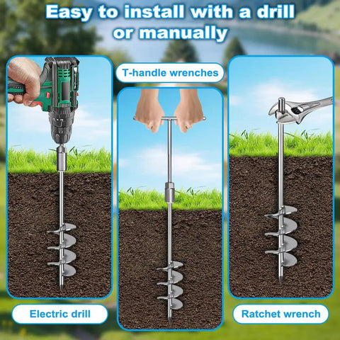 Installation guides for Rock Solid 18 Inch Heavy Duty Ground Anchors using electric drill, T-handle, and ratchet wrenches.