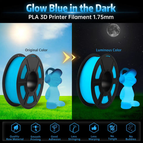 Sick Glow In The Dark PLA Filament For 3D Printing 1kg Spool Blue Hue showing original and luminous colors side by side