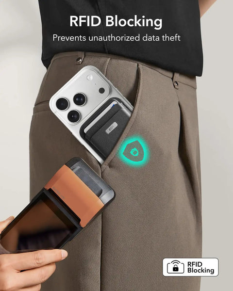 MagSafe Wallet With Full Find My Tracking Real Time Location Sound Alerts Left Behind Notifications RFID Blocking Holds 5 Cards Magnetic Card Holder For iPhone 12 To 17 Series Not For 13 12 Mini Black shown in pocket demonstrating RFID blocking feature with an iPhone