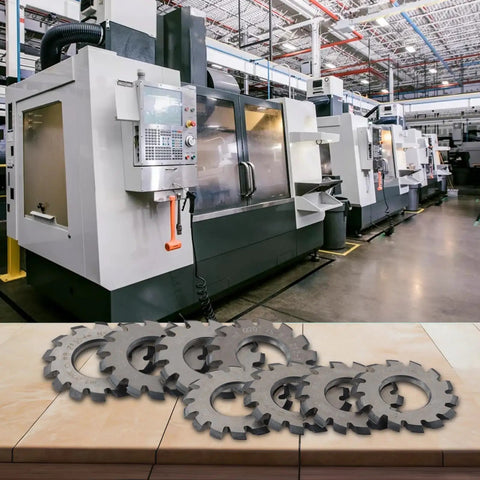 8 Pc Gear Cutter Set In High Speed Steel For Milling Machines, 20 Degree Pressure Angle, displayed in a manufacturing facility