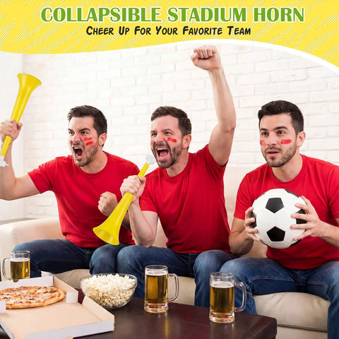 Three men in red shirts cheering with Six Pack Vuvuzela Stadium Horns 21 Inch Collapsible Plastic Trumpet Noisemakers at home