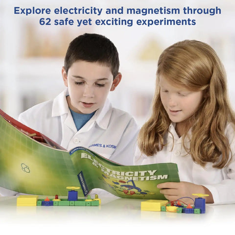 Two children using Electricity And Magnetism Science Kit For Kids Ages 8 And Up With 62 Safe Experiments, exploring guidebook.