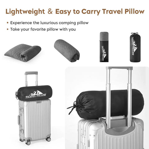 Travel Camping Pillow With Shredded Memory Foam on suitcase, compressible and ultralight, ideal for travel and outdoor adventures.