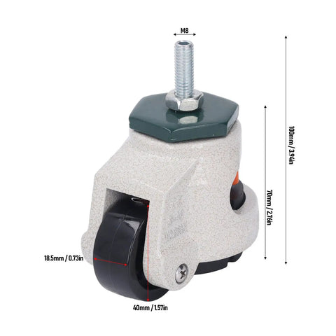 Heavy Duty Stem Caster With Swivel And Adjustable Leveling Plate, Tough As Nails 880 Pound Load Capacity For Furniture And Workshop Equipment, Legit Smooth Nylon Rollers That Glide Like Butter side view with measurements