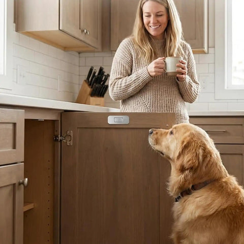 Get These Super Sleek 8Pcs Ultra Thin Magnetic Cabinet Door Catches For A No Drill Install That Looks Totally Sick And Keeps Your Doors Shut Silent With Zero Mess Or Tools Needed. in kitchen with dog nearby.