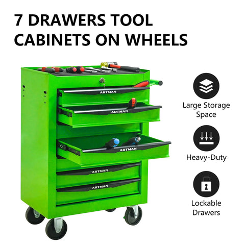 Heavy Duty Freestanding Storage Cabinet With Smooth Rollin Parking Brakes And Ball Bearing Slides For Crazy Convenient Garage Workspace Organization In Sage Green, 7 drawers and tools on wheels.