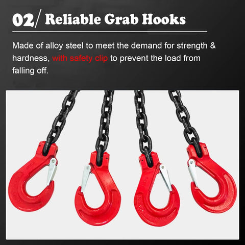Heavy Duty Workhorse Two Leg Chain Sling With Grade Eight Hooks For Real World Industrial Lifting Custom Length Up To Thirty Ton Capacity For Warehouse Rigging showing red alloy steel grab hooks.