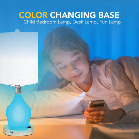 Child reading by Emergency Battery Back Up Table Lamp With USB Charging And Color Changing Base, Safe Night Light For Nursery