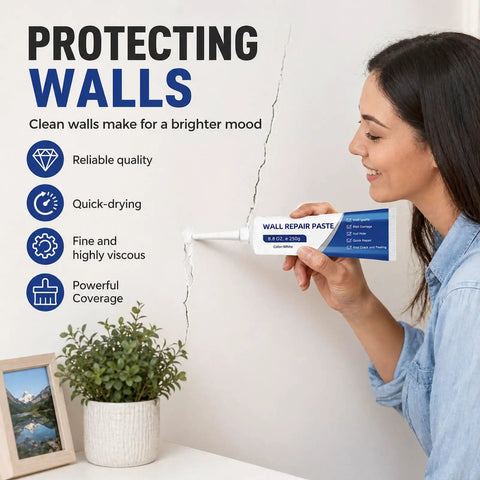 Woman using Wall Repair Paste Kit With Scraper And Nozzle Extender, Two 250g Tubes Quick Dry Mending Paste For Holes And Cracks on wall.