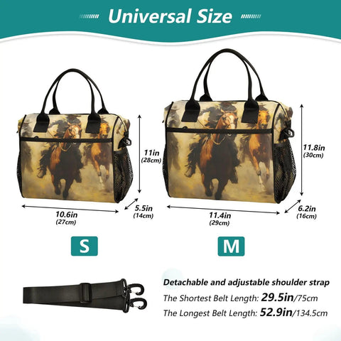Desert Brown Insulated Cooler Bag Lunch Box Tote With Detachable Shoulder Strap sizes S and M shown with measurements.