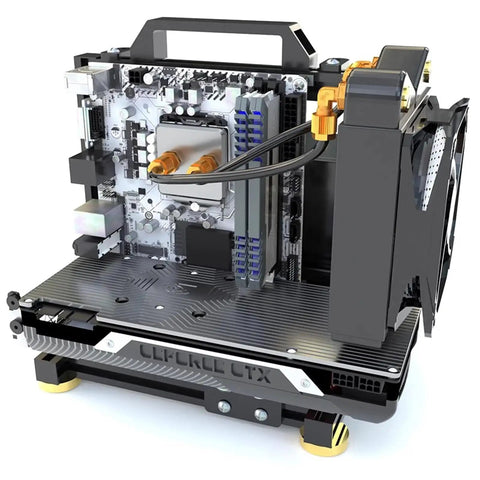 Open Frame PC Test Bench Rig With Aluminum Chassis For DIY Builds Fits ITX MATX ATX Motherboards Holds 2 HDD And 2 SSD Vertical Liquid Cooling Ready Perfect For Overclocking And Custom Rig Building side view with hardware installed.