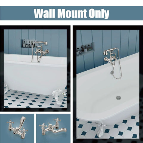 Wall Mount Bathtub Faucet With Brushed Nickel Finish, Double Cross Handles, Tub Filler With Handheld Shower Sprayer, installed on wall