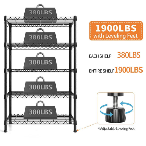 Heavy Duty 5 Tier Wire Shelving Unit With Beefy Rolling Casters Adjustable Black Metal Storage Rack NSF Certified 1900 Lbs Capacity showing weight capacity per shelf.