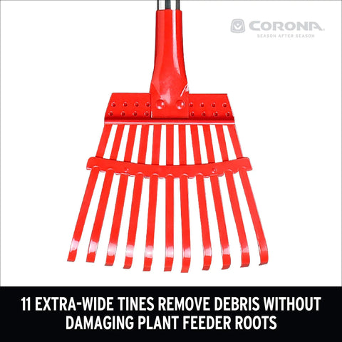 Fixed Tine Shrub Rake With Aluminum Handle 8 Inch Wide showing 11 extra-wide tines for gentle yard cleanup without root damage.
