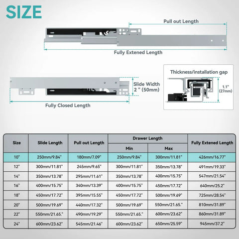 Heavy Duty 10 Inch Bottom Mount Soft Close Drawer Slides with size details and measurement chart for easy installation.