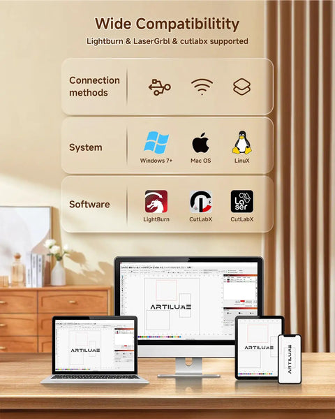 Pro Grade 3000mW Laser Engraver And Cutter With 200x150mm Workspace LightBurn Compatible 0.01mm Precision For Wood Metal Acrylic Leather WiFi And App Control Preassembled For Beginners Ideal For DIY Crafts And Small Business, shown with software compatibility