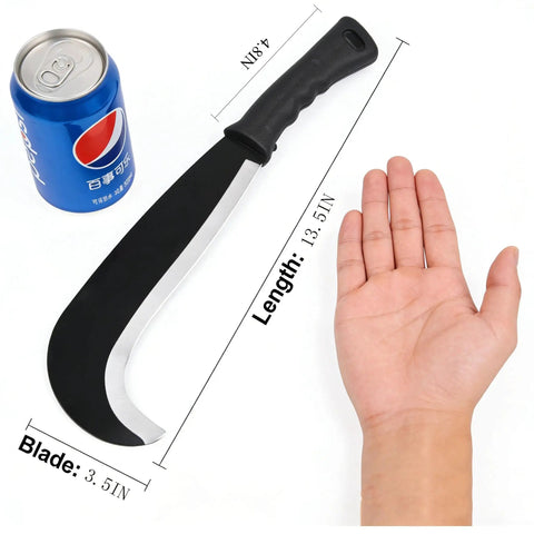 Compact 13.5 Inch Machete Sickle Tool With Curved Blade next to soda can and hand for size comparison