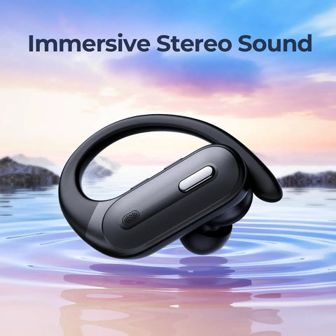 Beast Battery Life Wireless Bluetooth Earbuds With 90 Hours Playtime and LED Power Display floating above water with earhooks.